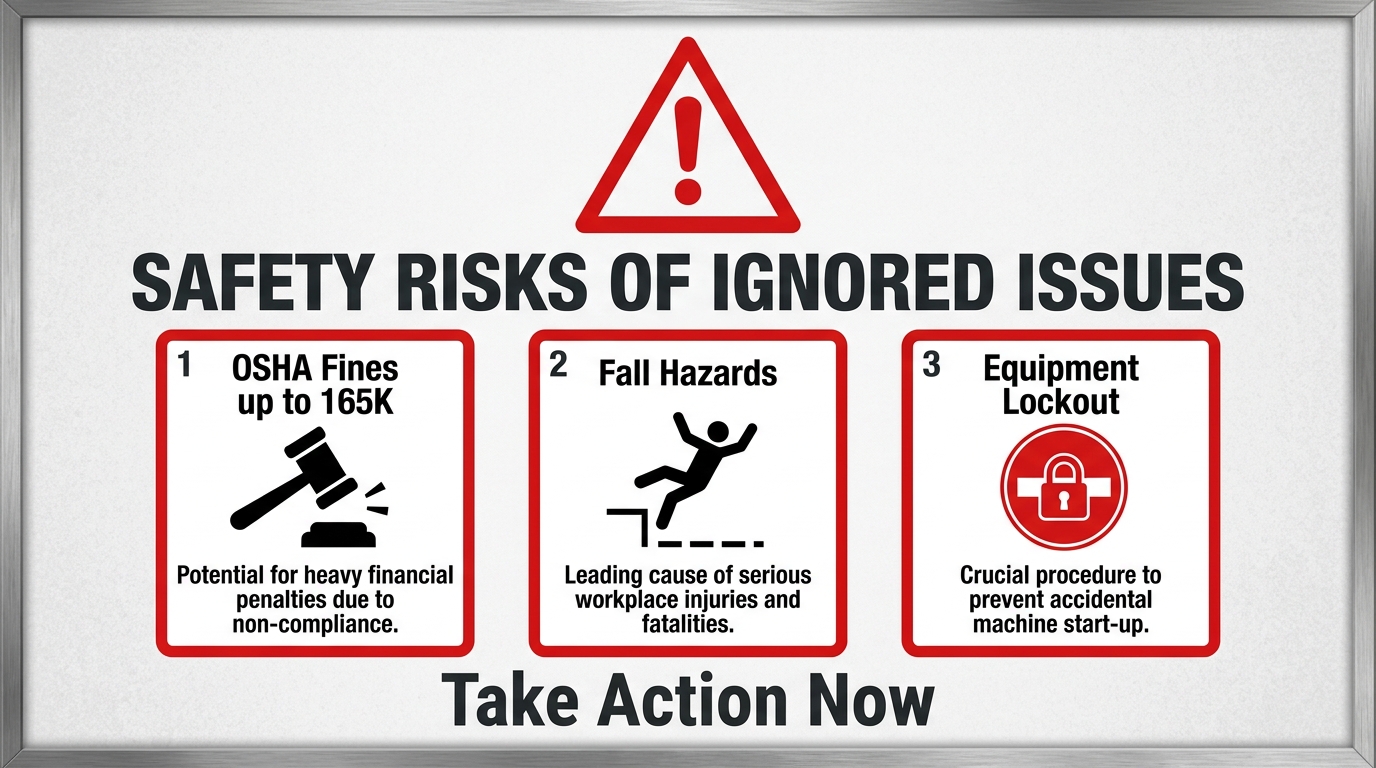 A workplace safety infographic titled 'Safety Risks of Ignored Issues' displaying three main points: 1. OSHA Fines up to 165K for non-compliance, 2. Fall Hazards as a leading cause of injury, and 3. Equipment Lockout procedures to prevent accidental start-up.