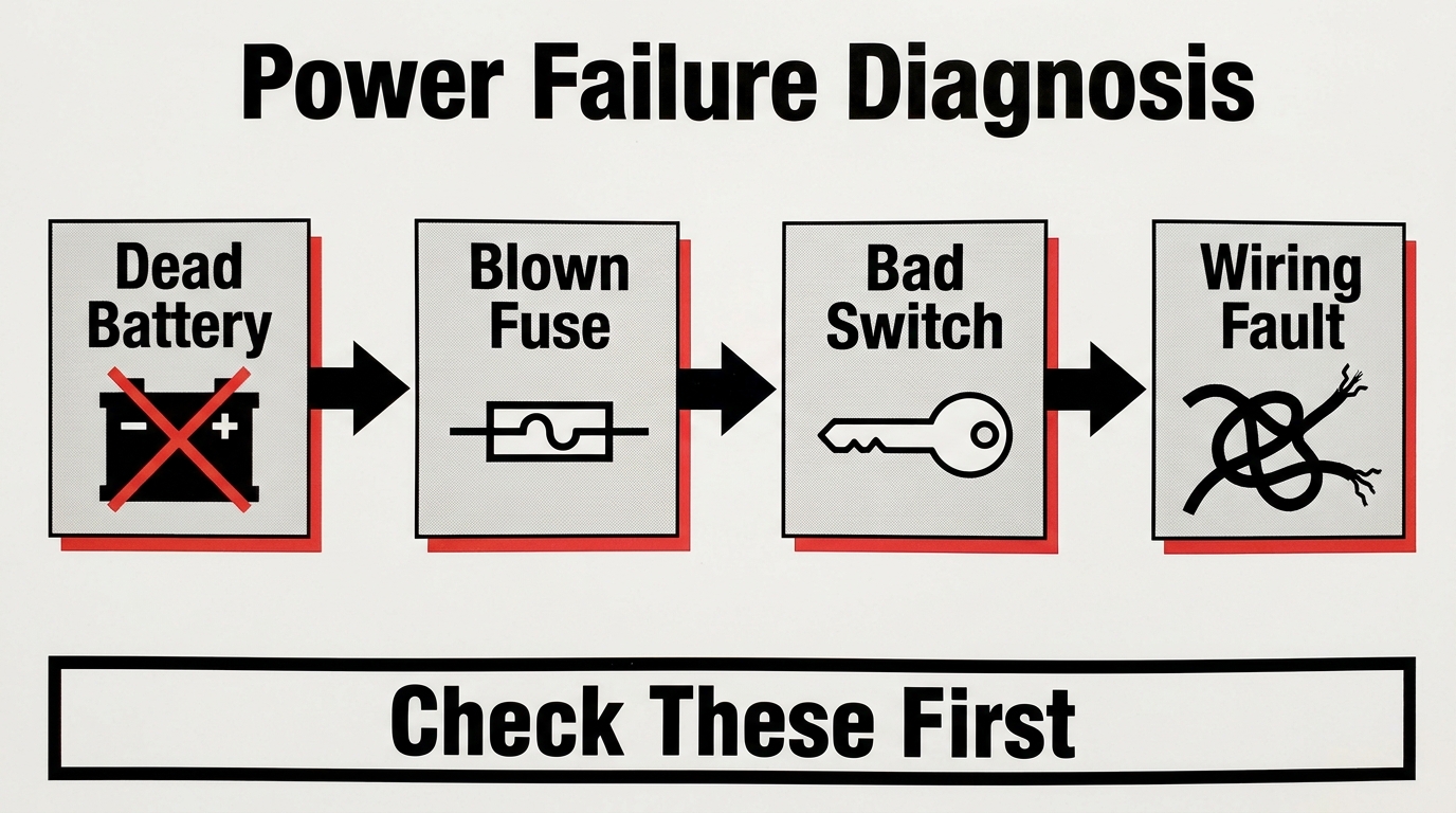 Troubleshooting infographic titled 'Power Failure Diagnosis: Check These First' showing a 4-step process flow from left to right: Dead Battery, Blown Fuse, Bad Switch, and Wiring Fault.