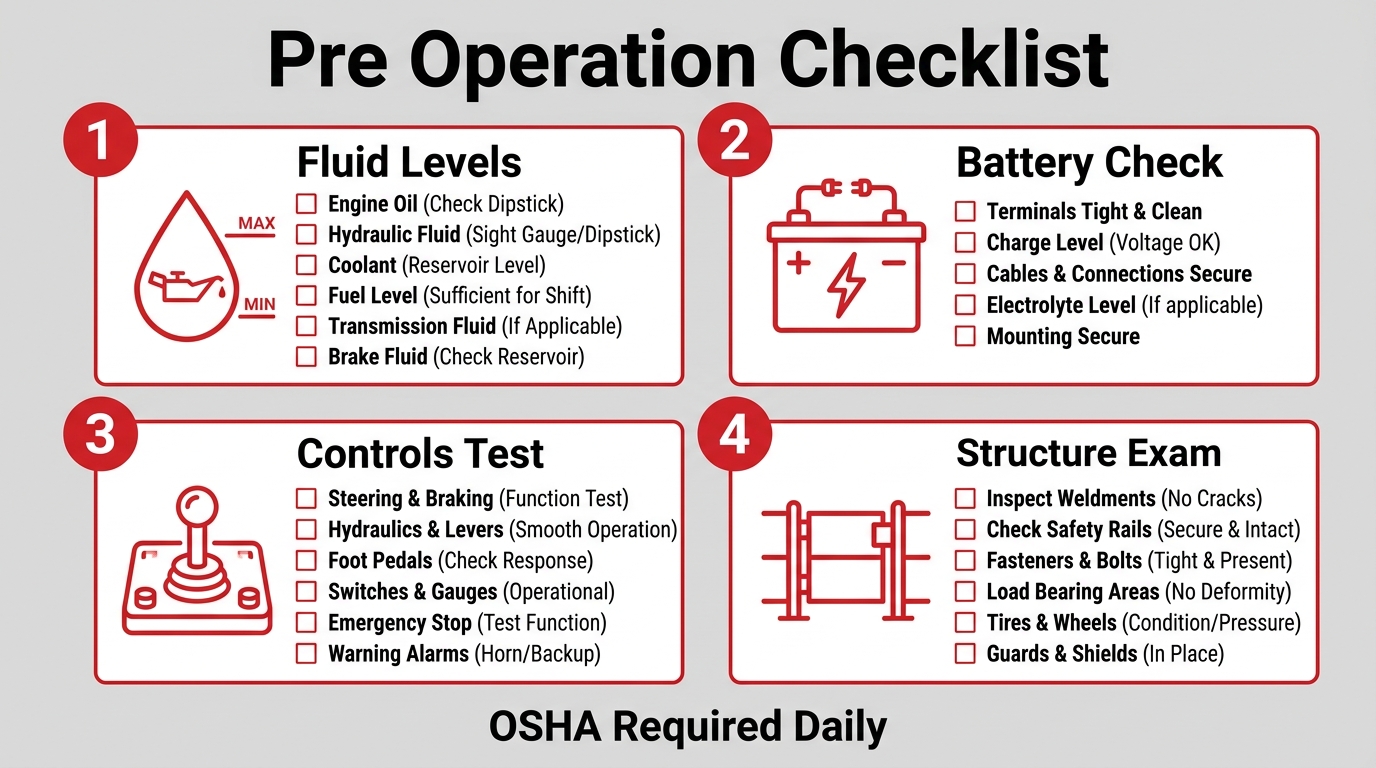 A 4-step Pre Operation Checklist graphic labeled 'OSHA Required Daily'. It includes inspection steps for: 1. Fluid Levels, 2. Battery Check, 3. Controls Test, and 4. Structure Exam. 