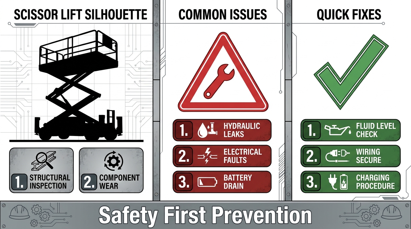 Three-panel industrial safety poster showing a scissor lift platform silhouette, a red warning sign for common mechanical failures, and a green checkmark for troubleshooting fixes.