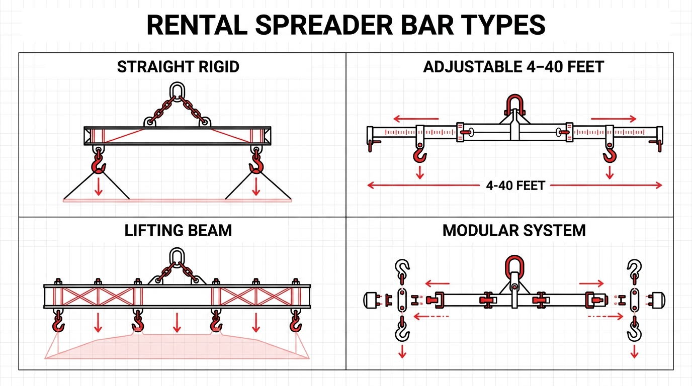 Four-panel equipment diagram classifying below-the-hook lifting devices: straight rigid bar with top rigging, a 4-40ft adjustable telescoping beam, a low-headroom lifting beam, and a bolt-together modular system.