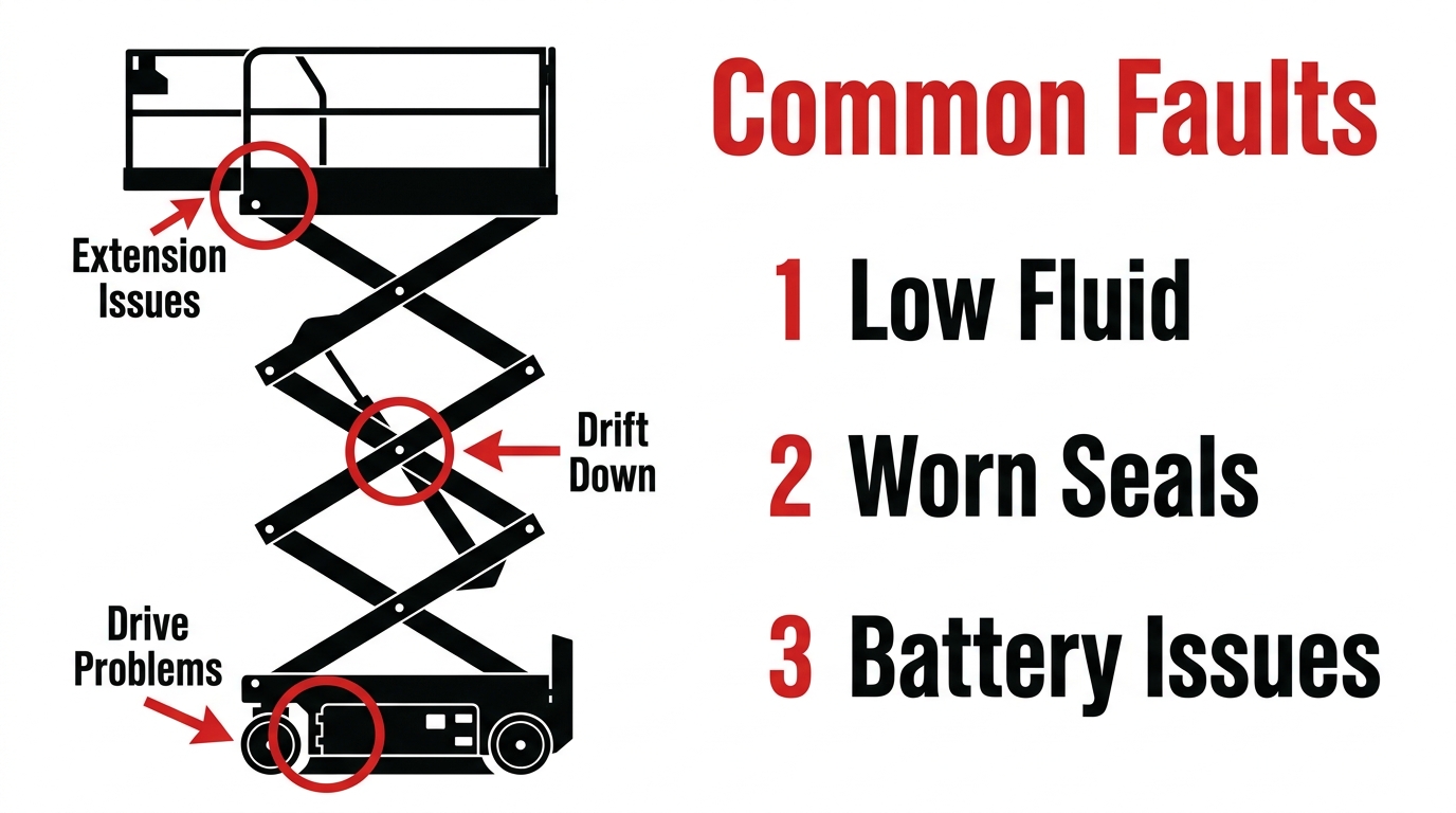 An infographic detailing common scissor lift faults. A diagram points out extension issues, drift down, and drive problems on the machine, paired with a list of top issues: 1. Low Fluid, 2. Worn Seals, and 3. Battery Issues.