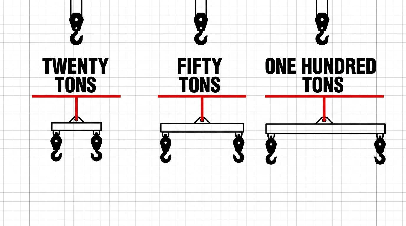 Diagram comparing crane spreader bar capacities, illustrating the size differences between twenty-ton, fifty-ton, and one hundred-ton lifting beams.
