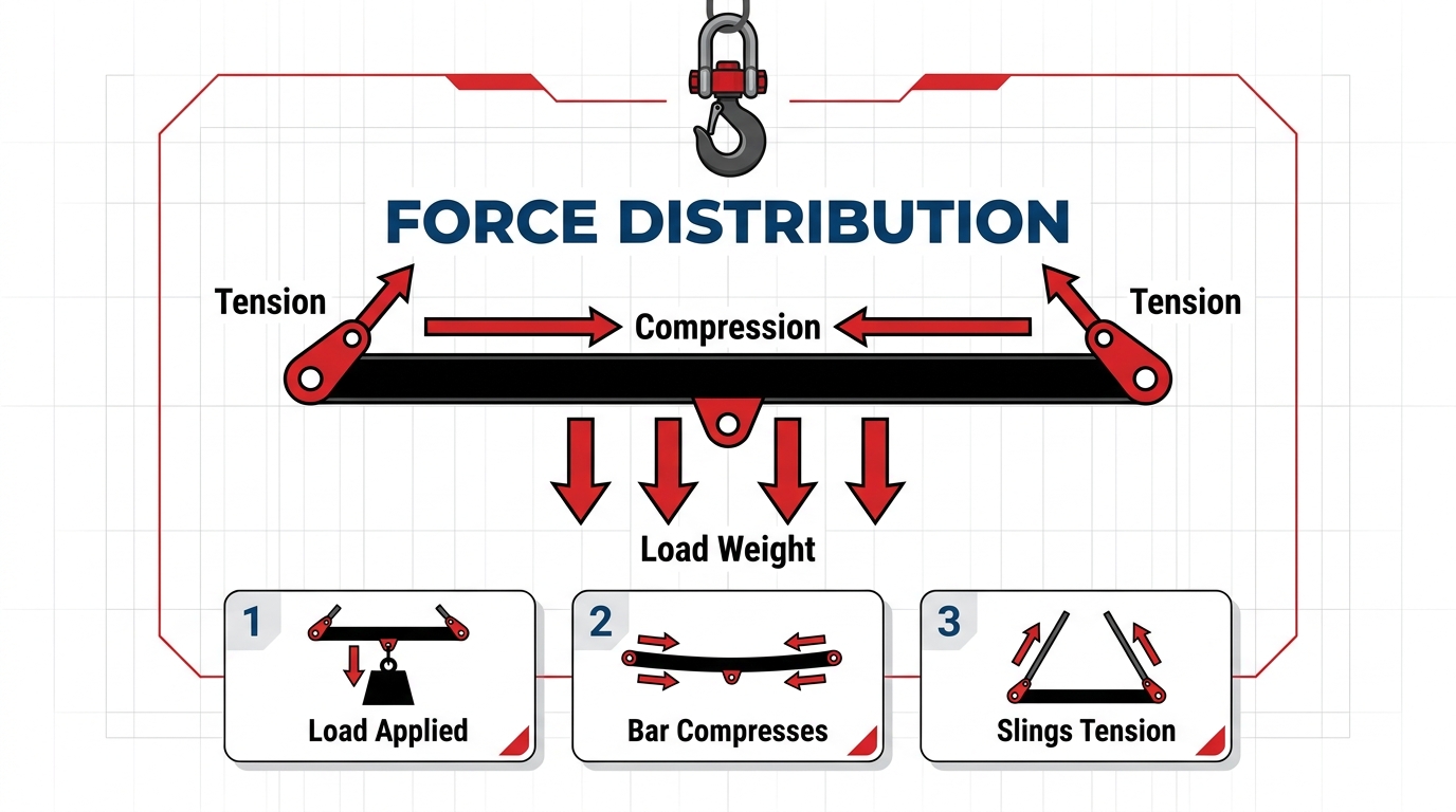 Industrial infographic illustrating lifting beam physics with arrows marking compression in the center bar, tension in the outer slings, and a 3-step load applied sequence.