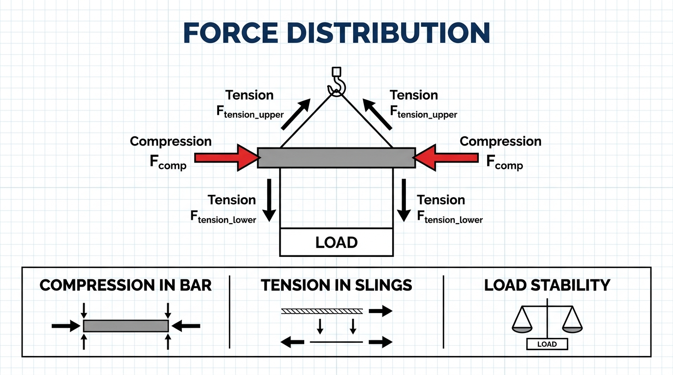 Technical engineering infographic mapping lifting bar force distribution, detailing upper and lower sling tension forces alongside inward axial compression vectors.