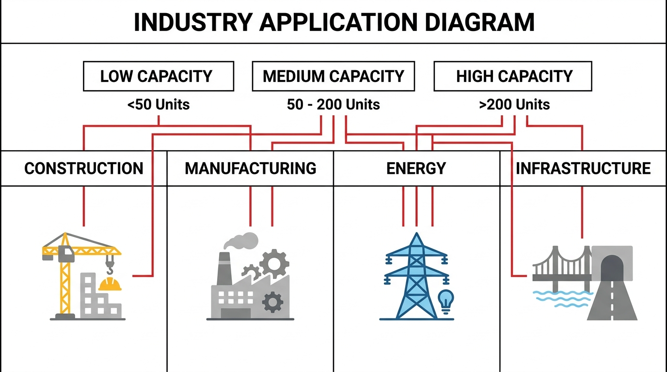 Industrial capacity flow diagram categorizing equipment usage: low capacity under 50 units, medium capacity 50 to 200 units, and high capacity over 200 units across major commercial industries.