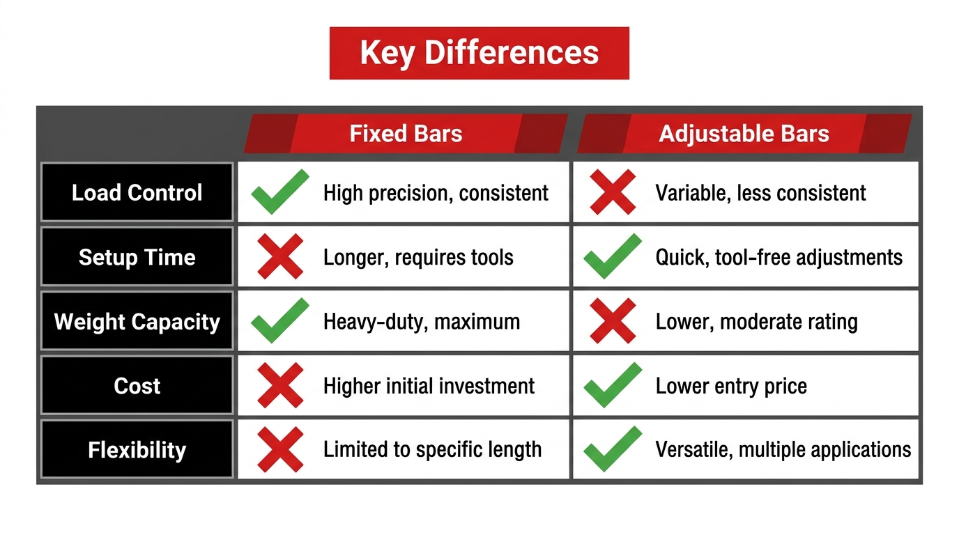 Technical comparison table contrasting heavy-duty fixed type lifting beams with versatile telescoping adjustable bars based on operational flexibility, price, and load capacity ratings.