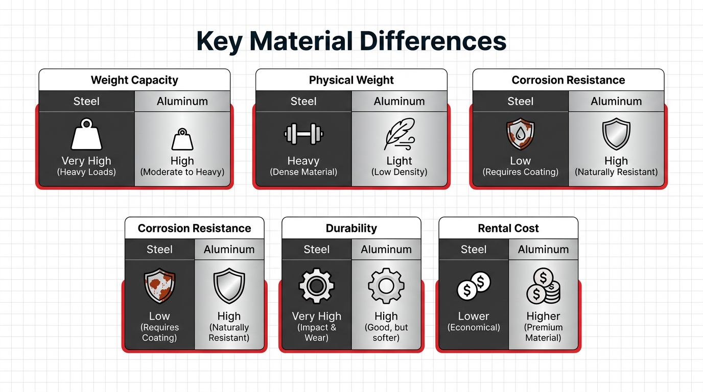 Industrial materials infographic contrasting steel and aluminum across five core metrics including density weight profiles, impact wear durability, and commercial rental pricing.