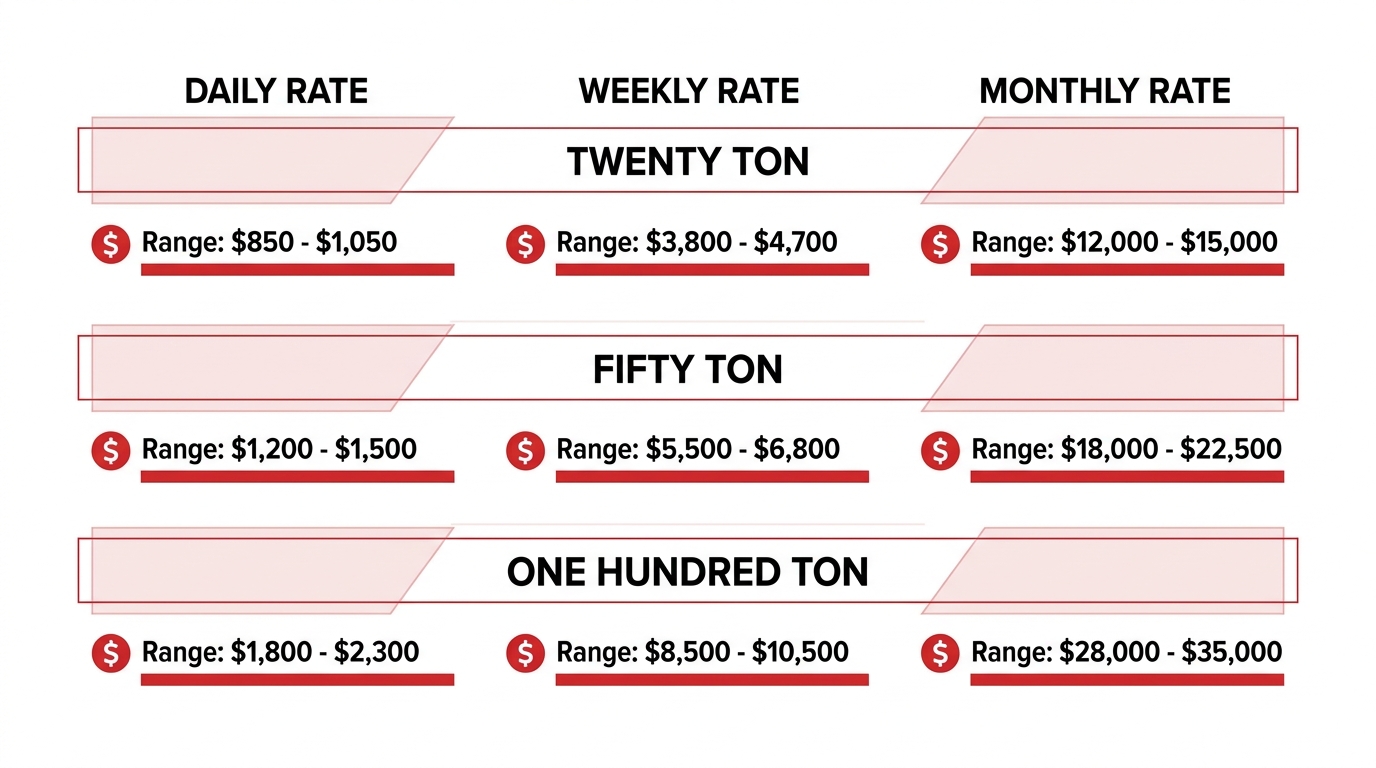 Industrial equipment rental price matrix displaying cost ranges for twenty ton, fifty ton, and one hundred ton lifting options across daily, weekly, and monthly terms. 