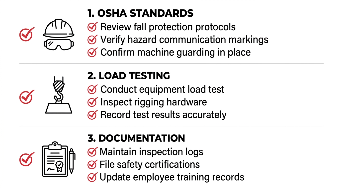 Three-step industrial safety flowchart outlining OSHA compliance guidelines, rigging equipment weight load testing, and site inspection log documentation procedures.