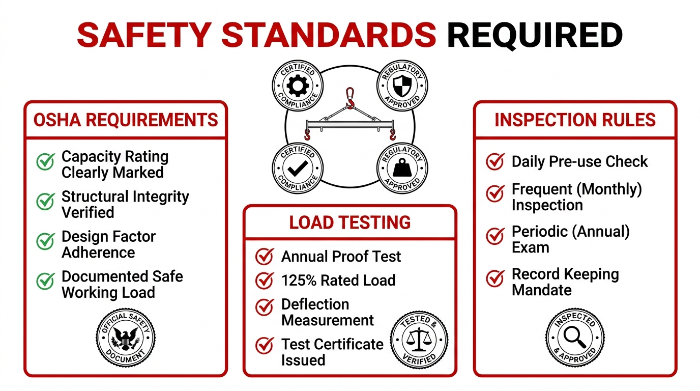 Technical safety diagram for spreader beams detailing OSHA capacity ratings, annual 125% load testing deflection measurements, and monthly or annual inspection record mandate guidelines. 
