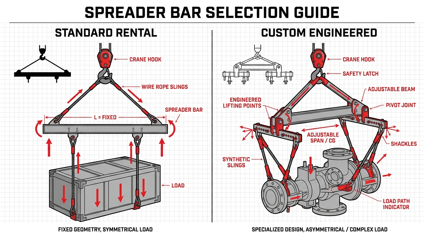 Heavy rigging infographic highlighting crane lifting setups: a fixed-geometry standard spreader bar lifting a uniform crate, and a specialized pivot-joint adjustable beam lifting complex industrial machinery.