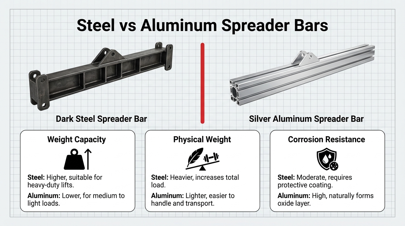 Industrial materials infographic contrasting a steel lifting beam for heavy-duty lifts with a corrosion-resistant aluminum alloy beam for lightweight, easy-handling transport applications.