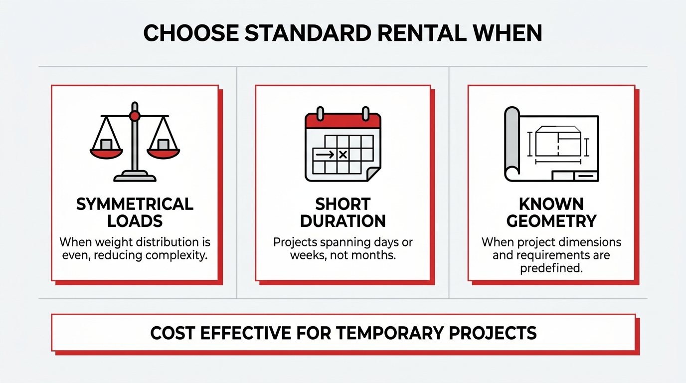Three-panel industrial rigging infographic explaining standard equipment rental criteria, emphasizing even weight distribution, short-duration project timelines, and known blueprint geometry.