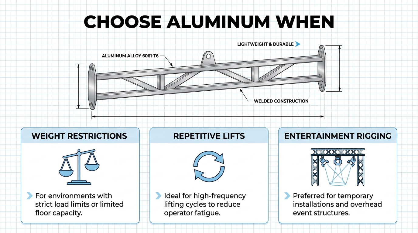 Technical diagram of a welded construction aluminum lifting bar with application panels for strict site weight restrictions, fast repetitive lift cycles, and stage lighting installations. 