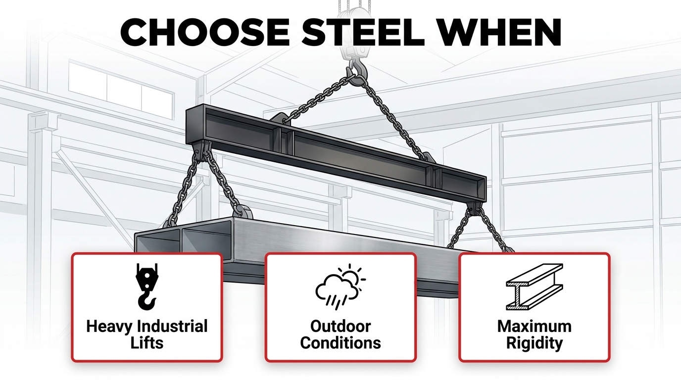 Illustration of an industrial crane suspending a steel lifting beam, featuring key selection criteria including heavy industrial rigging, outdoor durability, and beam rigidity. 