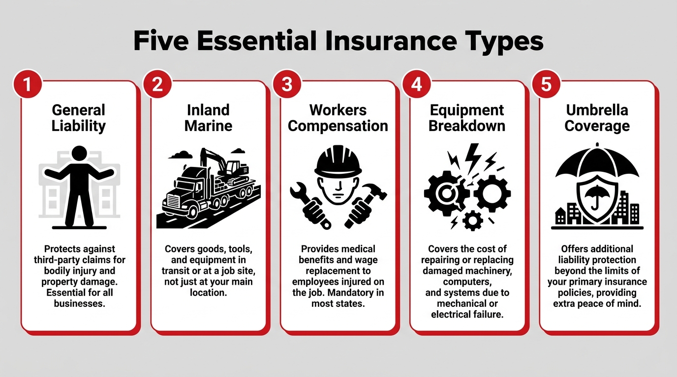 Infographic of five essential insurance types for equipment rental
