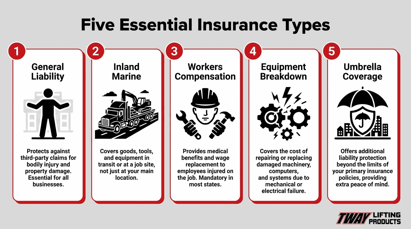 Infographic of five essential insurance types for equipment rental
