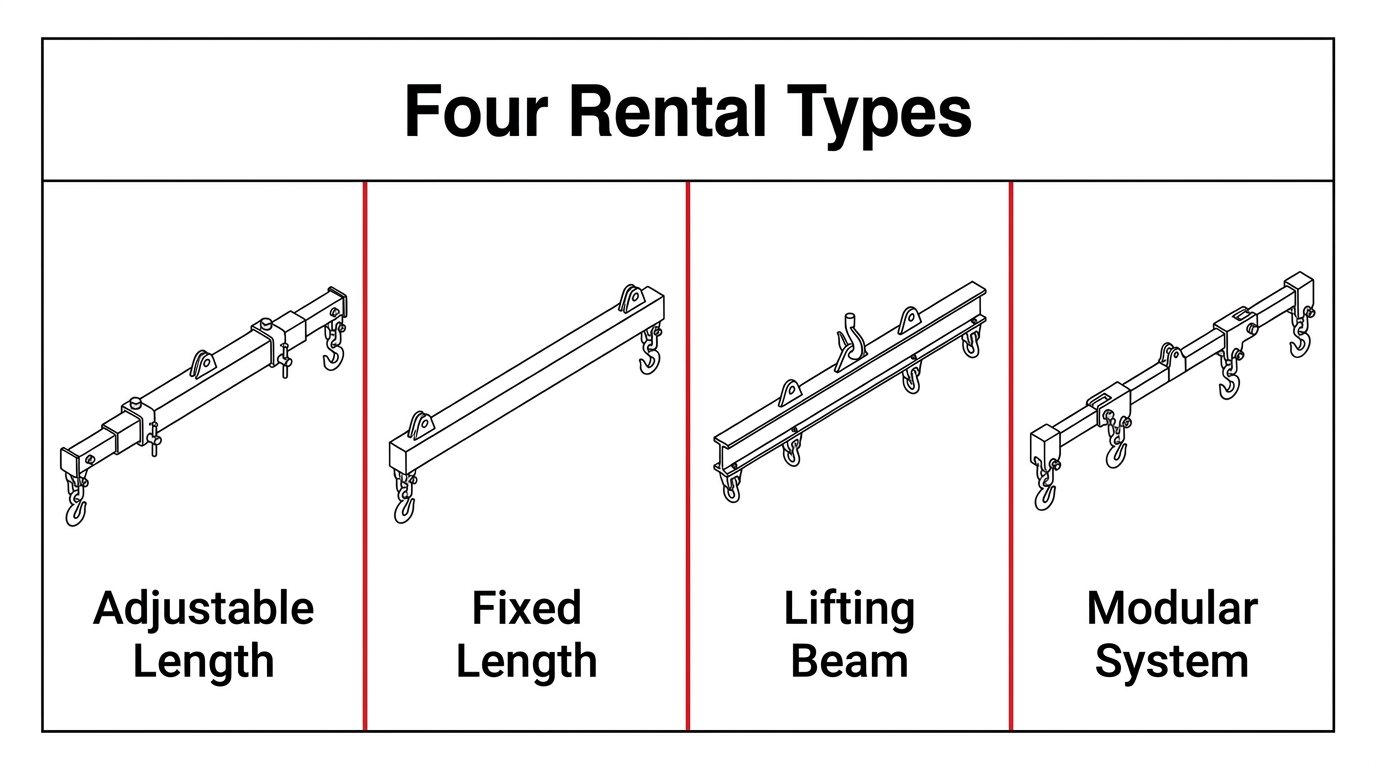Four rental types of spreader bars shown with hook and rigging configurations
