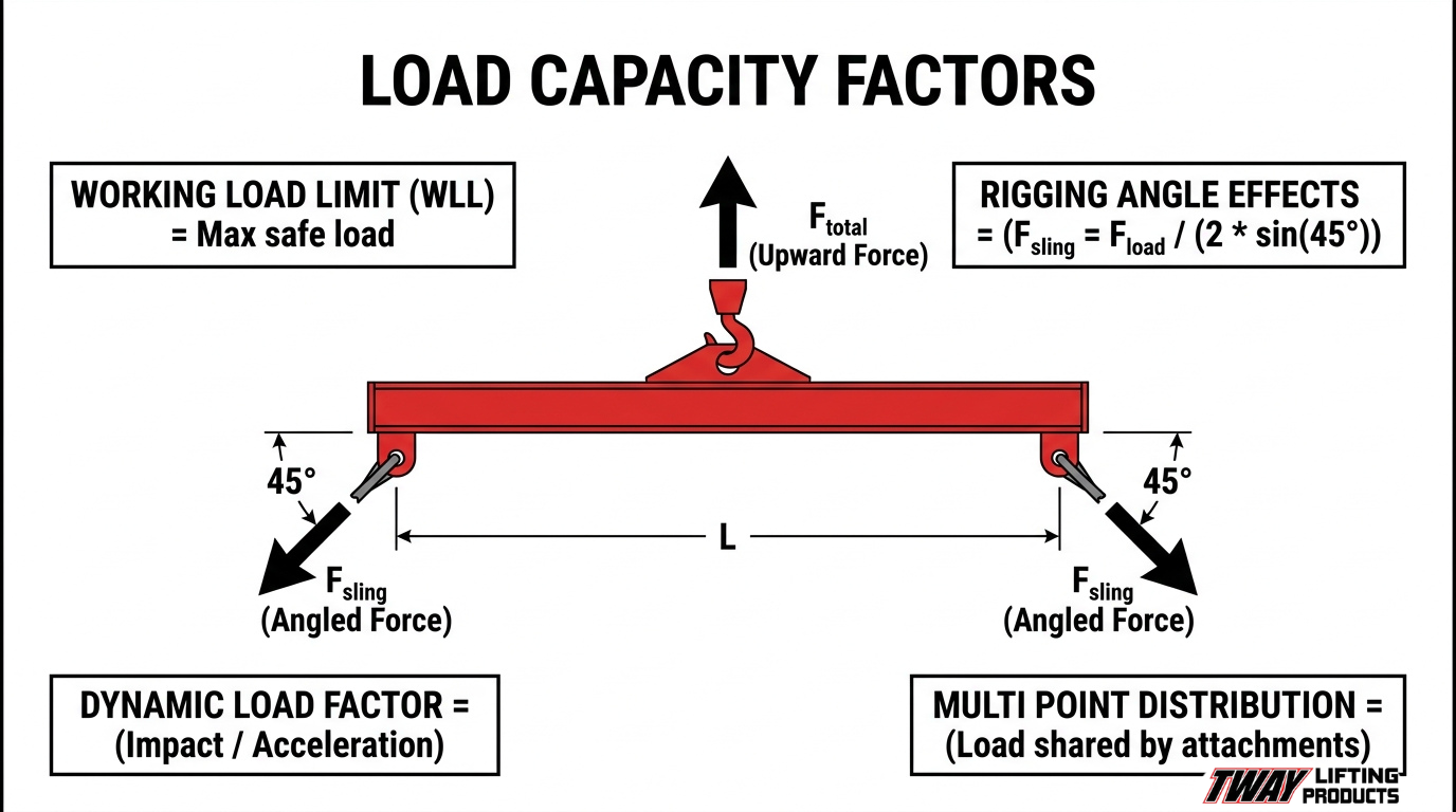 Load capacity factors diagram for an offshore spreader bar showing working load limit, sling angle effects, dynamic load factor, and multi-point load distribution.