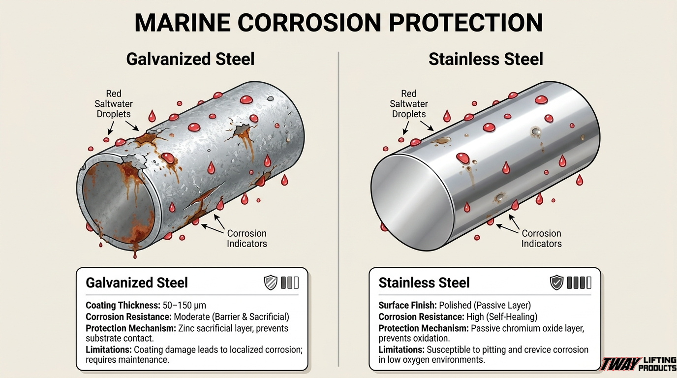 Marine corrosion protection comparison showing galvanized steel and stainless steel with saltwater droplets, corrosion indicators, and material protection details.