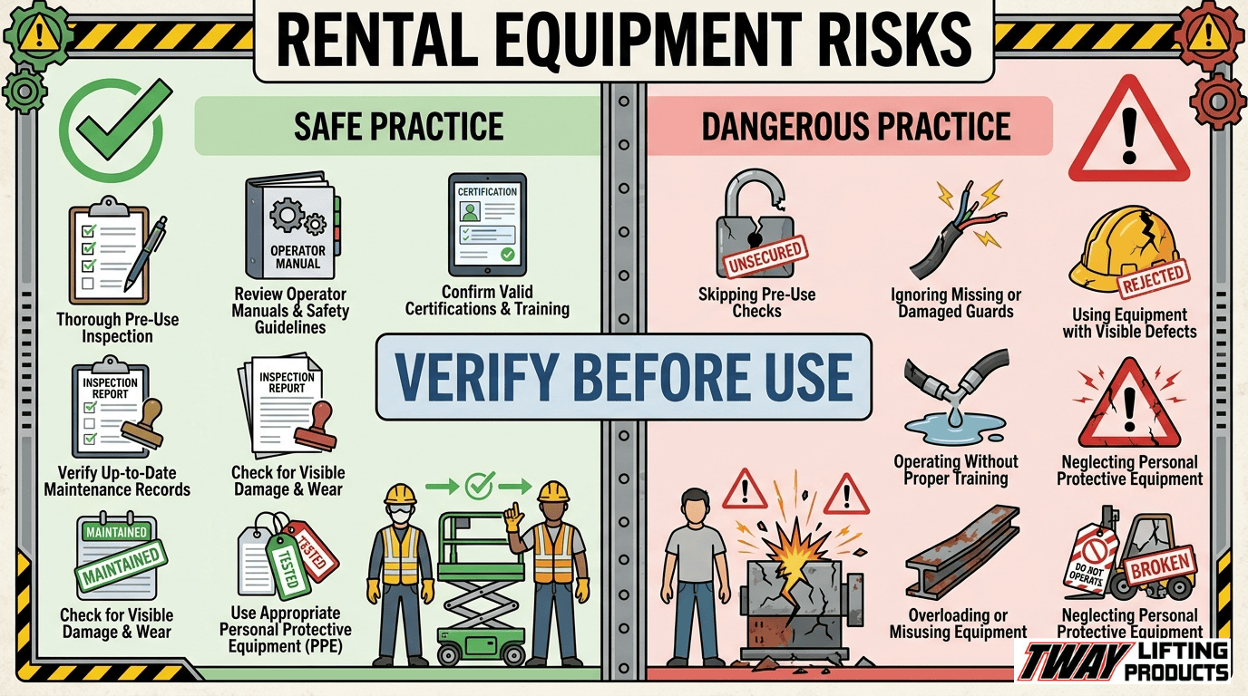 Rental equipment risks comparison graphic showing safe practices like pre-use inspections and dangerous practices like skipping checks or using damaged equipment.