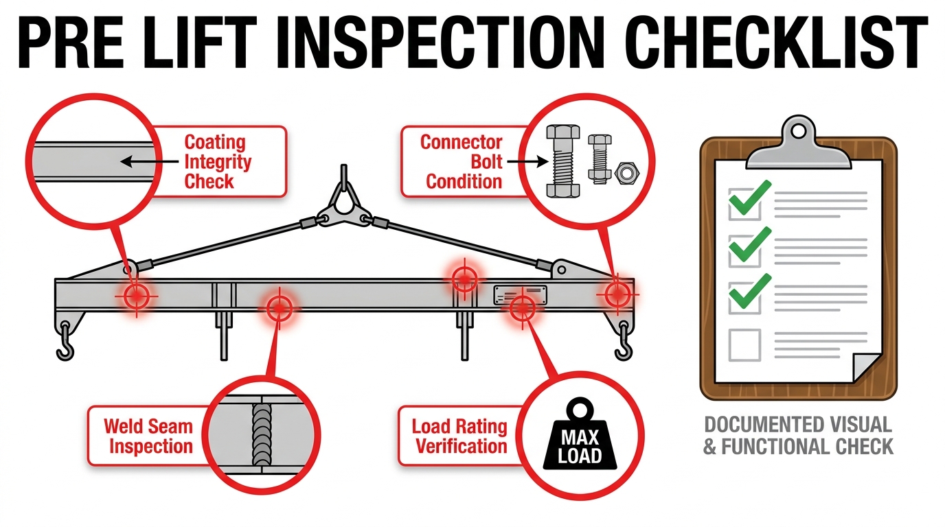 Pre-lift inspection checklist infographic for rented spreader bars marine environments