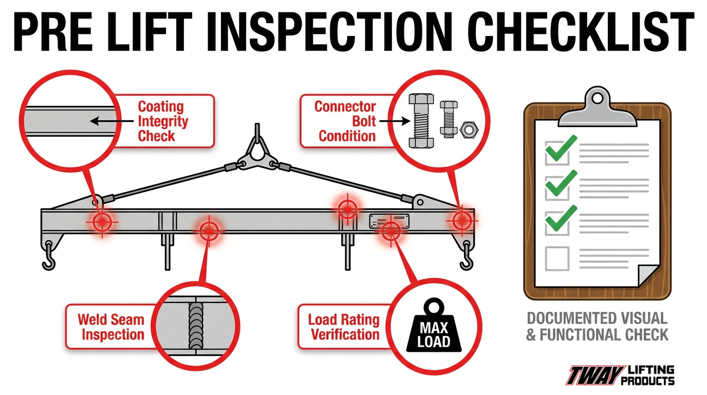 Pre-lift inspection checklist for a spreader bar showing coating integrity, weld seam inspection, connector bolt condition, and load rating verification.