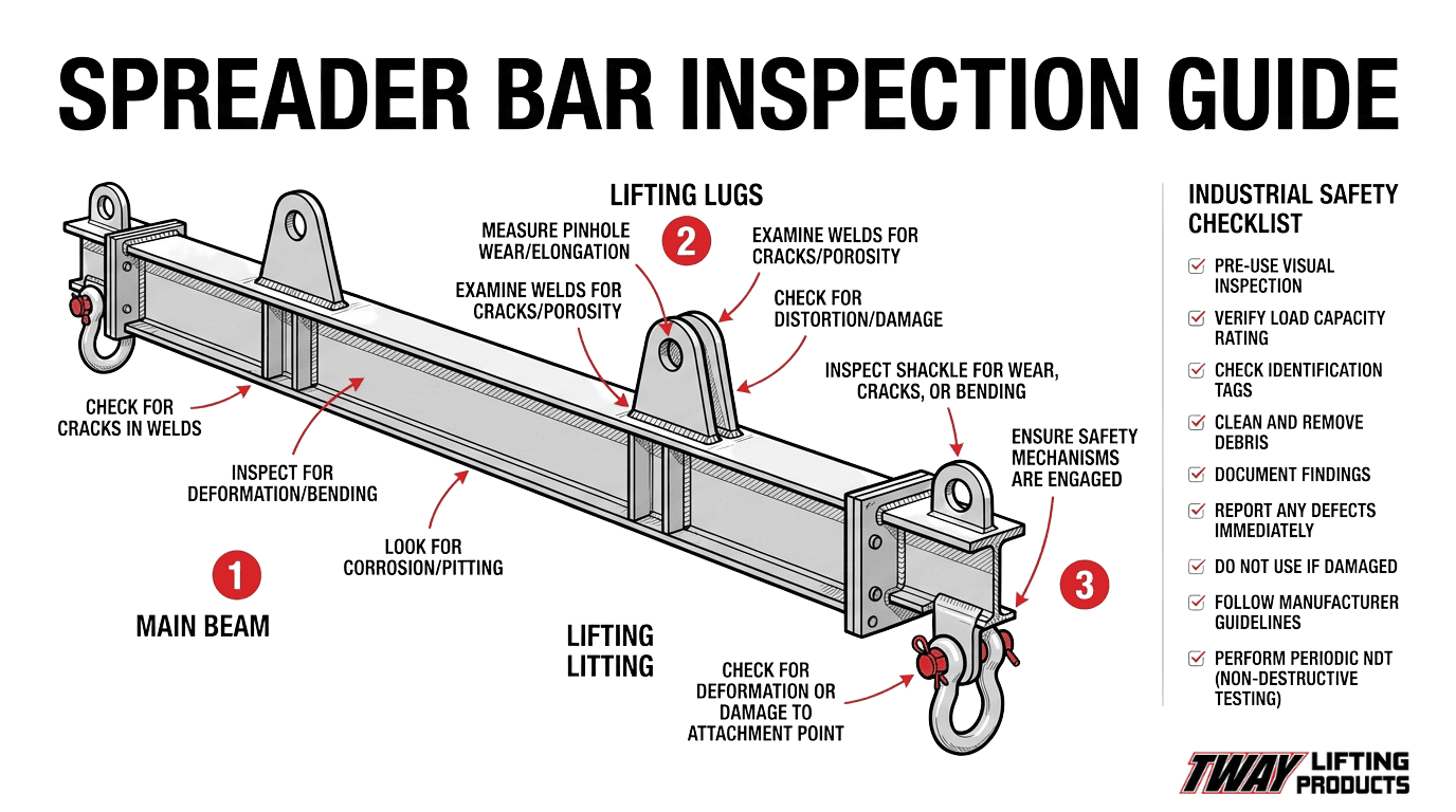 Spreader bar inspection guide showing main beam, lifting lugs, shackles, welds, corrosion checks, and industrial safety checklist items.