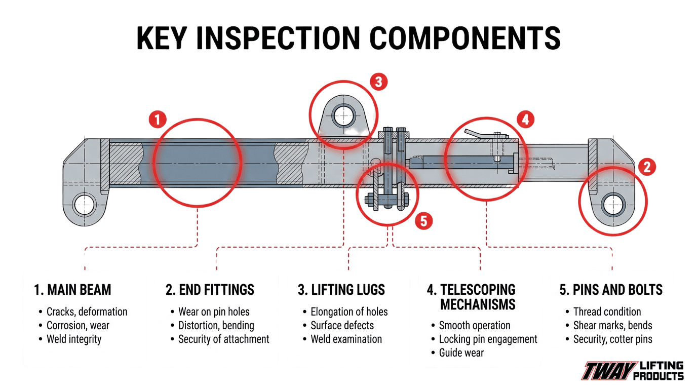 Key spreader bar inspection components diagram highlighting the main beam, end fittings, lifting lugs, telescoping mechanisms, pins, and bolts.