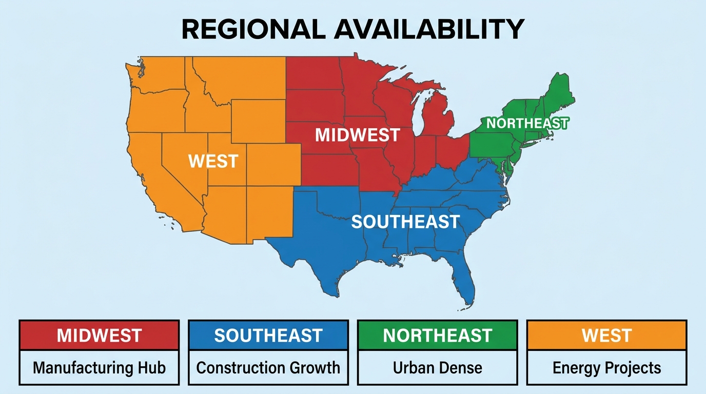 Regional availability map for equipment rentals highlighting key U.S. market drivers