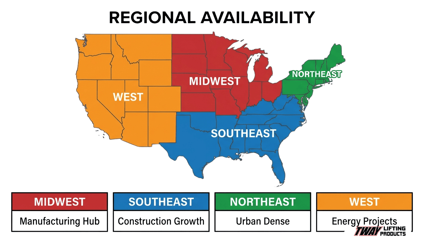 U.S. regional availability map for spreader bar rentals showing Midwest, Southeast, Northeast, and West service regions.