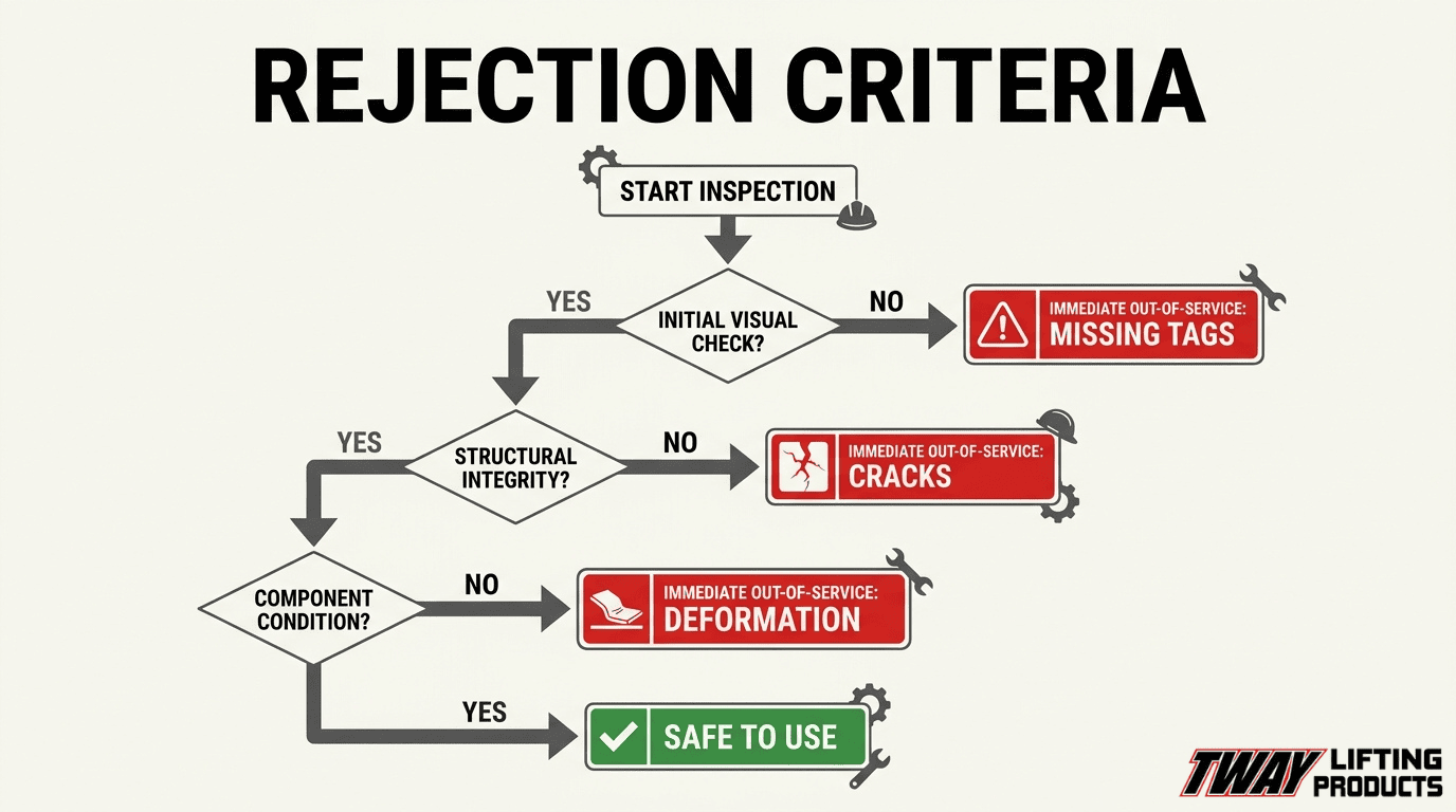 Spreader bar rejection criteria flowchart showing when missing tags, cracks, deformation, or failed component checks require equipment to be removed from service.