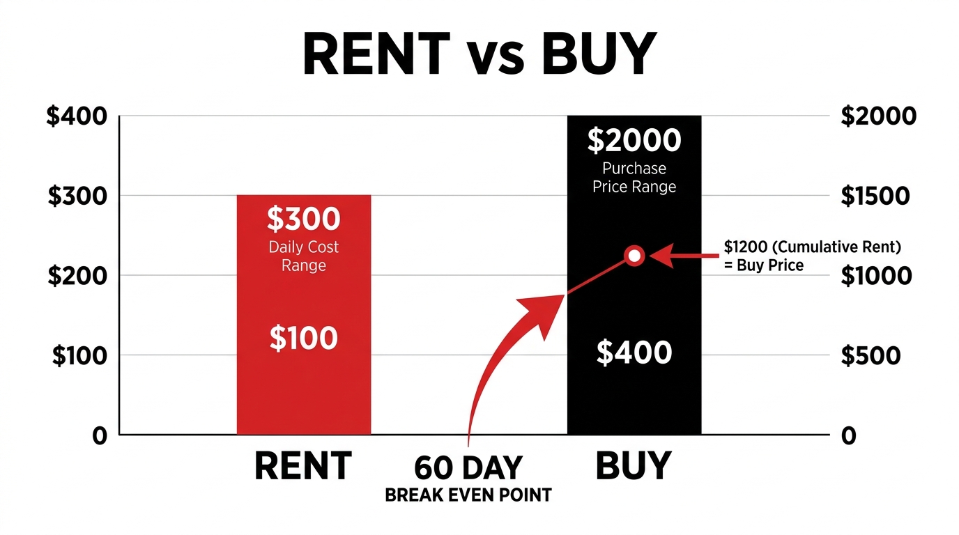 Rent vs. buy chart comparing rental costs, purchase price, and a 60-day break-even point