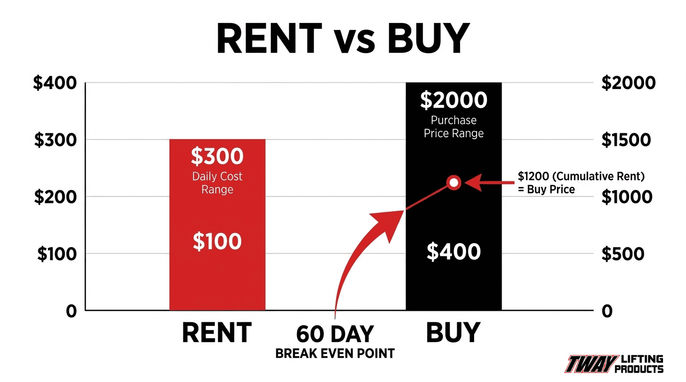Rent vs buy cost comparison chart for spreader bars showing daily rental costs, purchase price range, and 60-day break-even point.