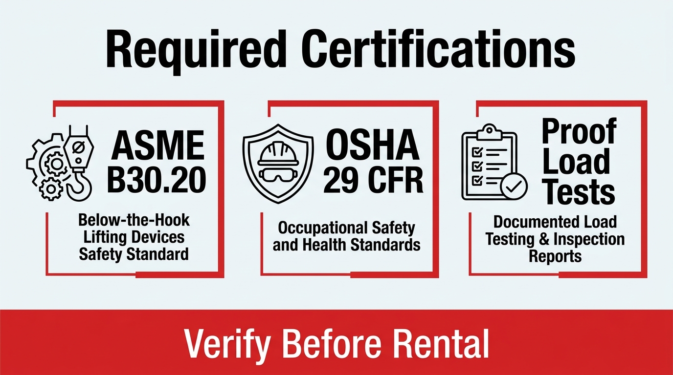 Required certifications for spreader bar rental configuration infographic