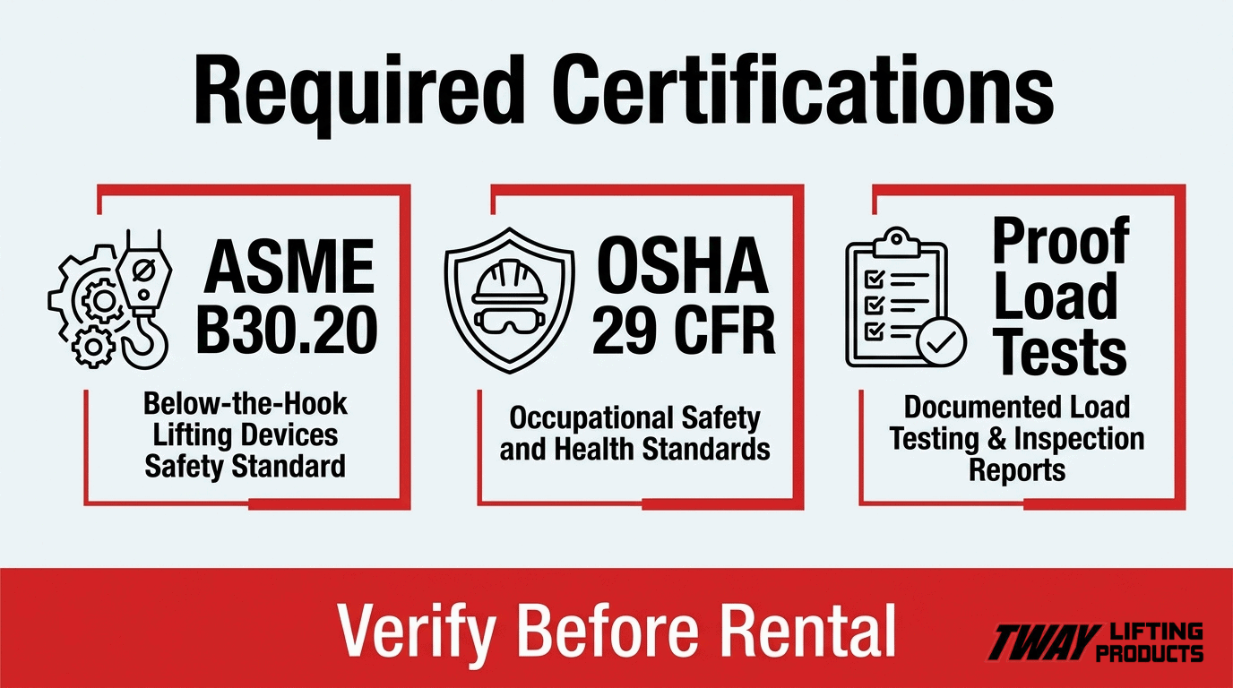 Required certifications for spreader bar rental configuration infographic