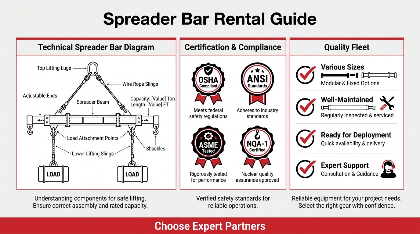 Infographic for choosing a spreader bar rental company with lifting diagram, safety certifications, quality fleet checks, and expert support