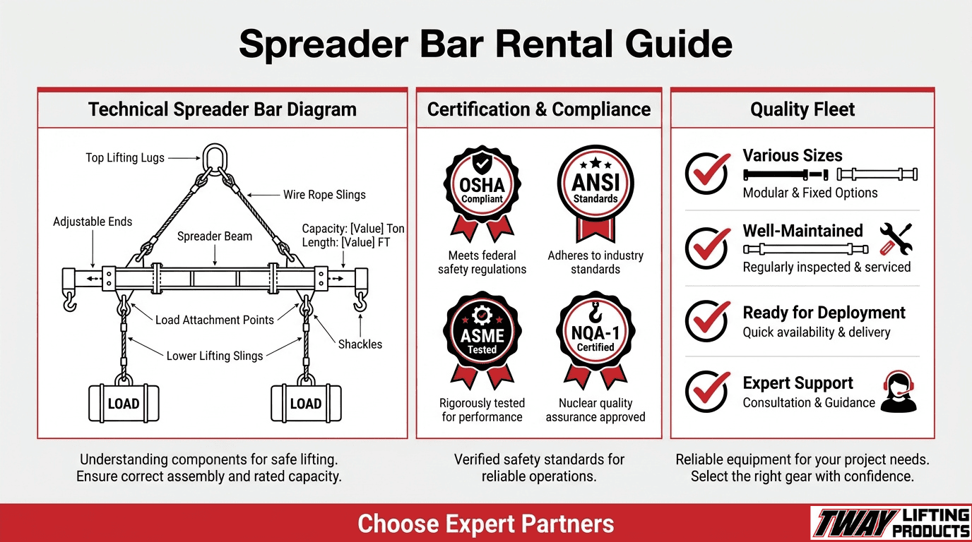 Spreader bar rental guide showing technical diagram, certification compliance, and quality fleet selection factors