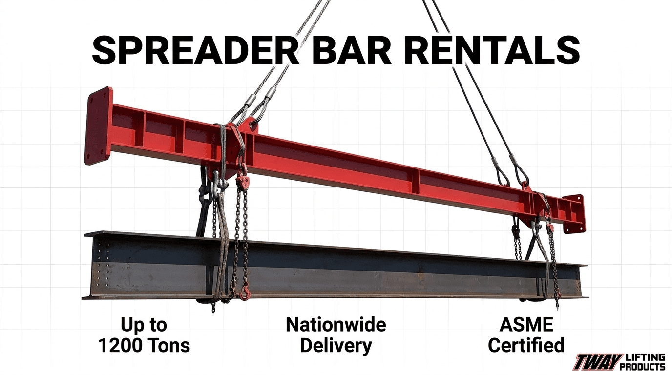 Spreader bar rental hero image showing a red lifting beam rigged with slings for lifting a steel beam, with nationwide delivery and ASME certification highlights.