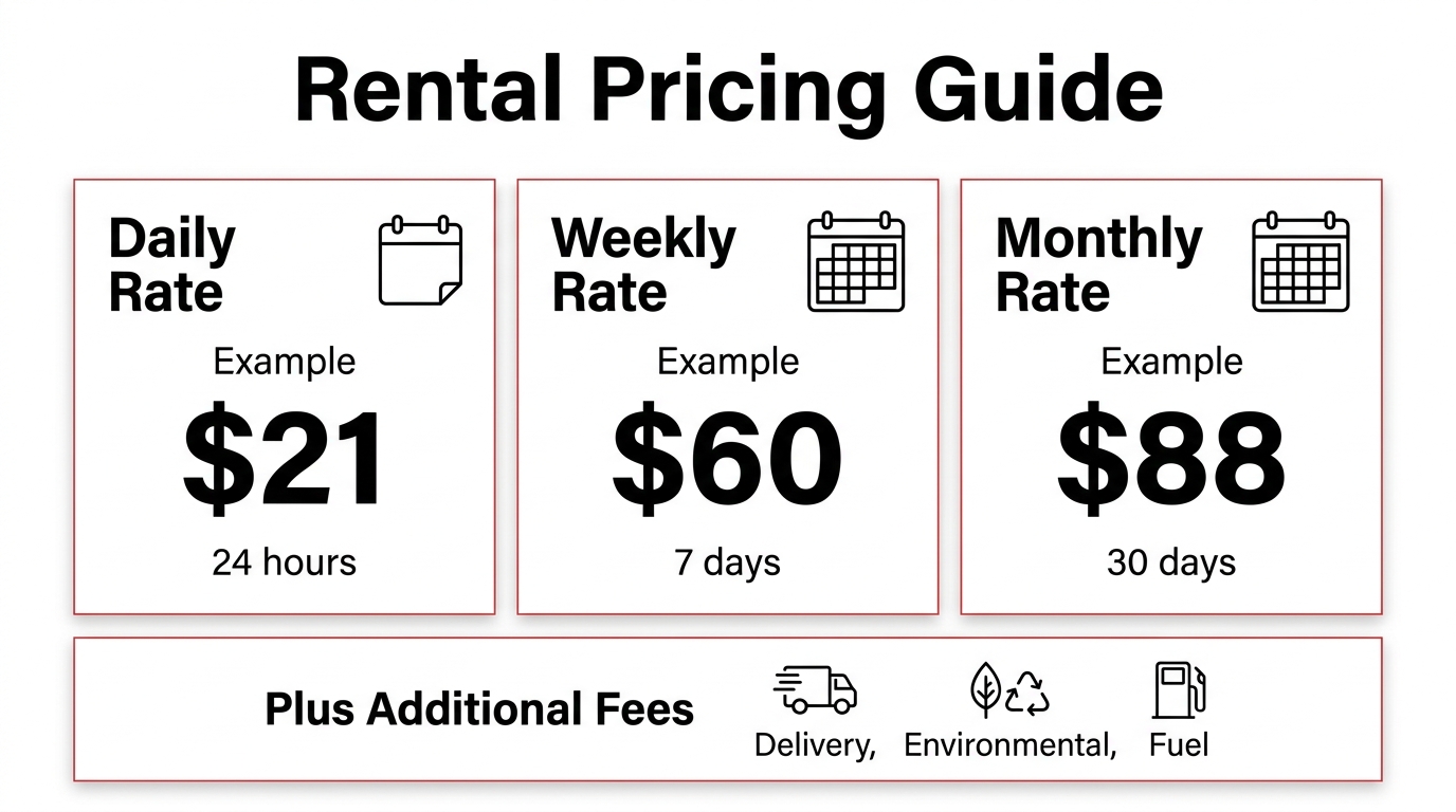 Spreader bar rental pricing guide showing daily, weekly, and monthly equipment rental rates, with additional fee