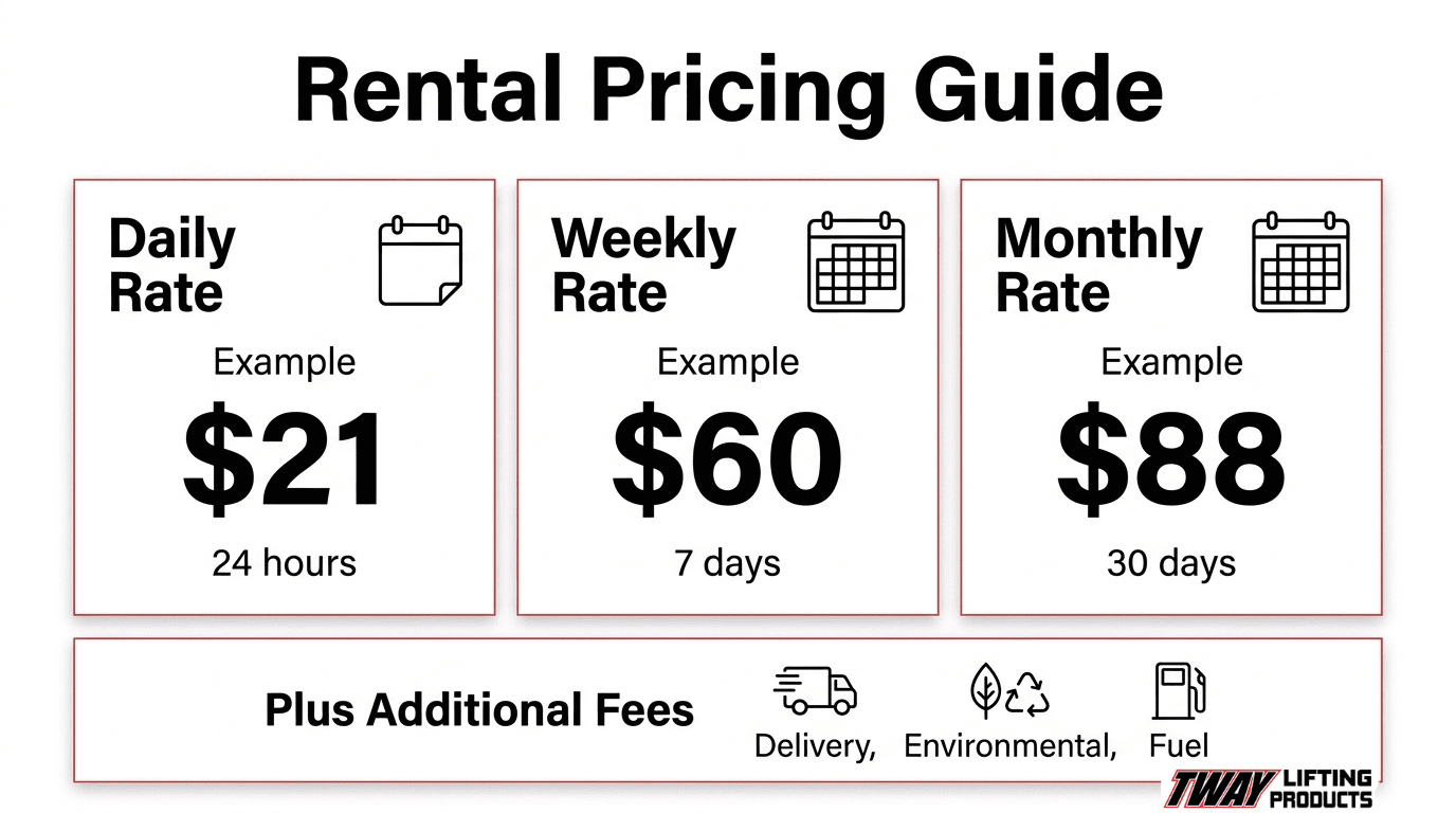 Spreader bar rental pricing guide showing daily, weekly, and monthly equipment rental rates, with additional fee