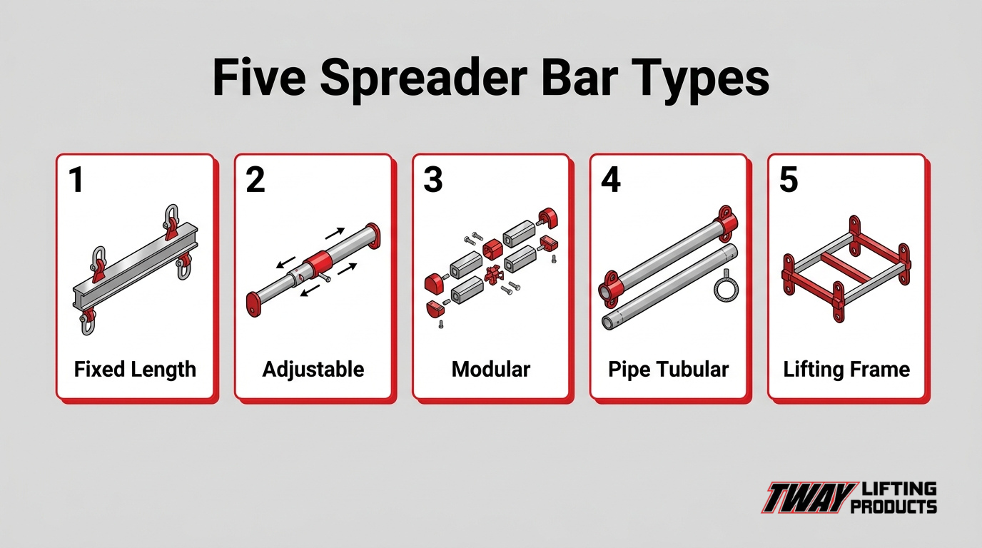 Five spreader bar types comparison graphic showing fixed length, adjustable, modular, pipe tubular, and lifting frame designs for rigging and lifting applications.