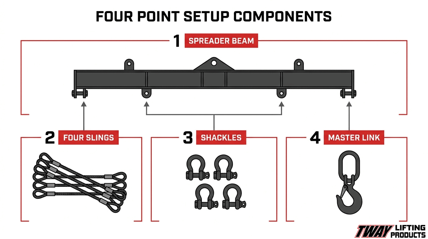 Four-point lifting setup components including a spreader beam, four wire rope slings, shackles, and a master link.
