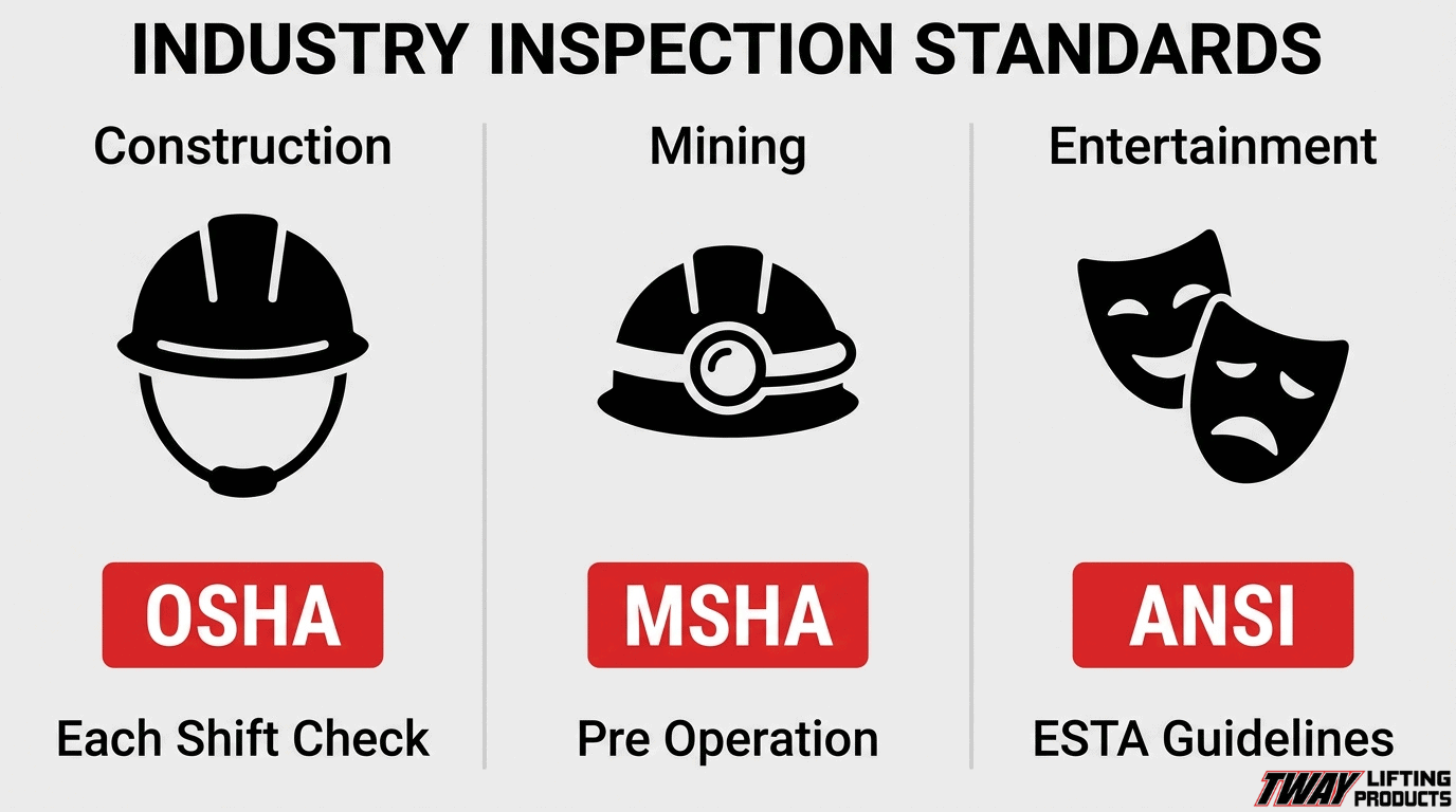 Industry inspection standards for rental lifting equipment, including OSHA for construction, MSHA for mining, and ANSI or ESTA guidance for entertainment.