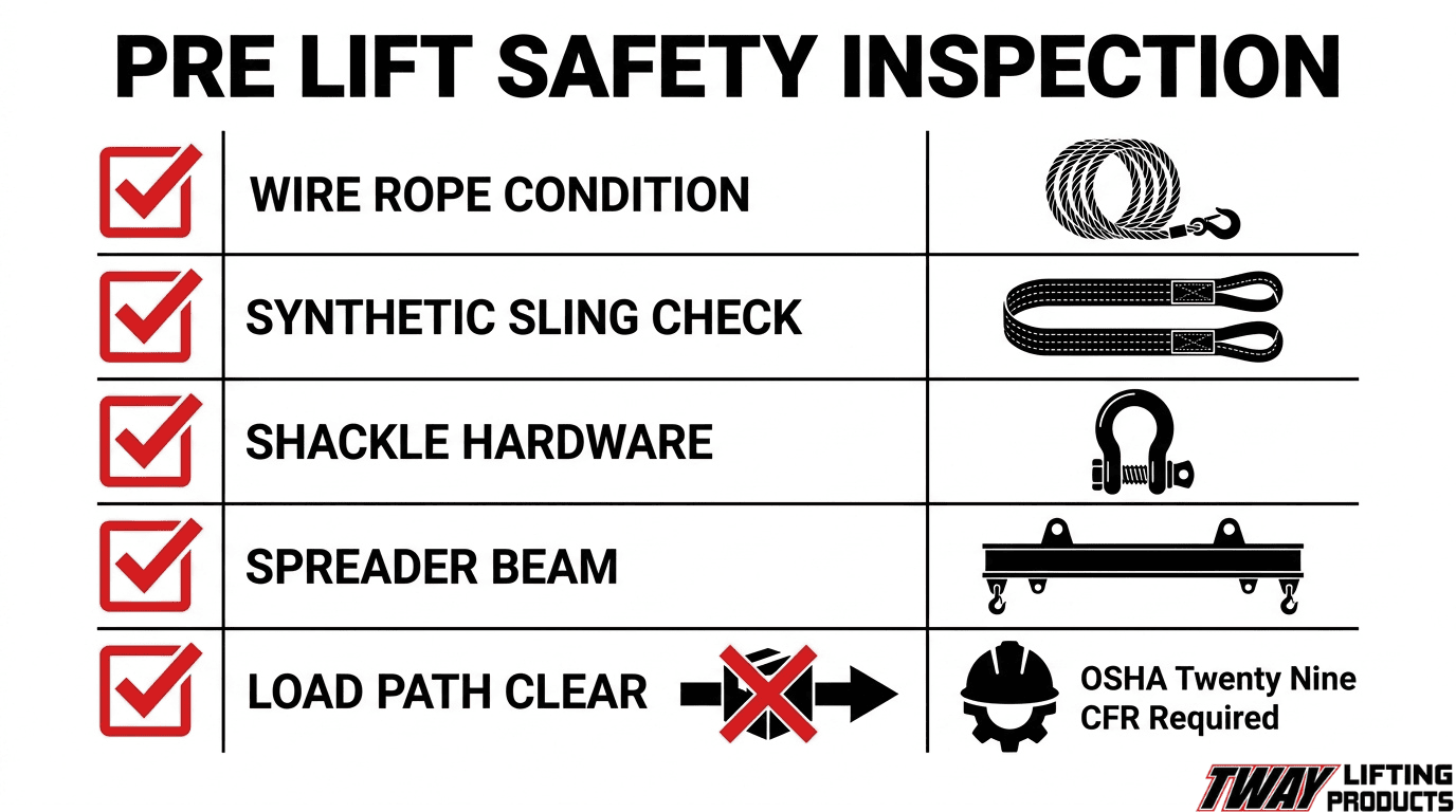 Pre-lift safety inspection checklist for wire rope, synthetic slings, shackle hardware, spreader beam condition, and a clear load path under OSHA 29 CFR requirements.
