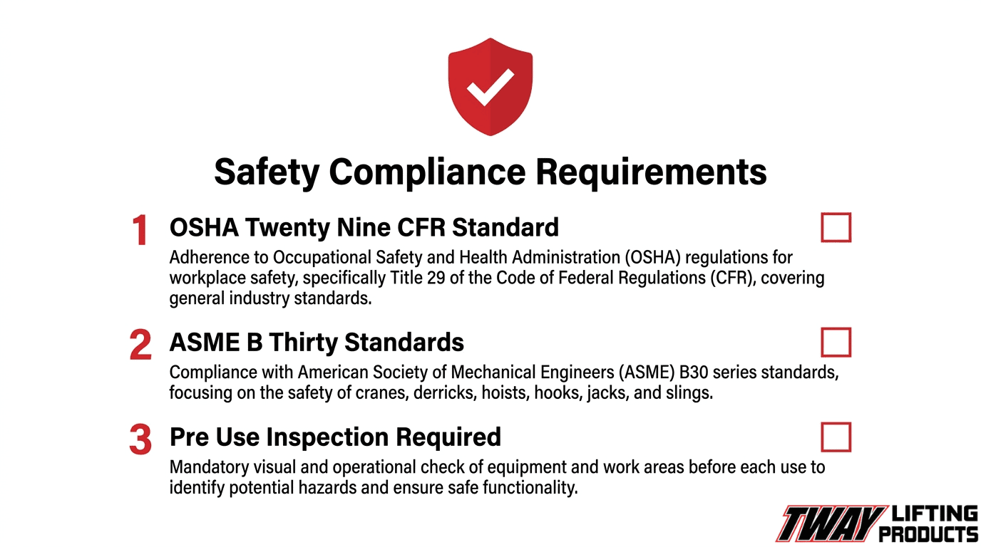 Rigging safety compliance checklist covering OSHA 29 CFR standards, ASME B30 requirements, and mandatory pre-use equipment inspections.