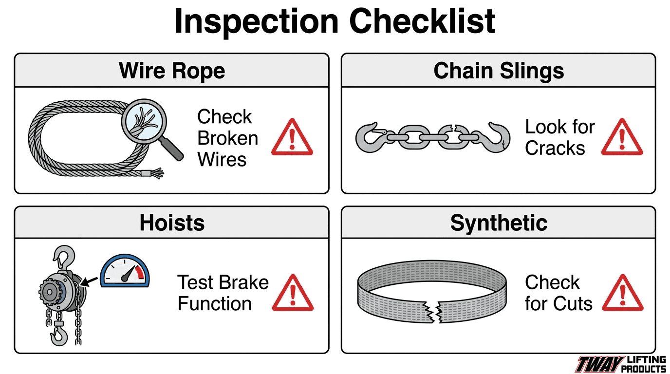 Lifting equipment inspection checklist for broken wire ropes, cracked chain slings, hoist brake function, and cuts in synthetic slings.