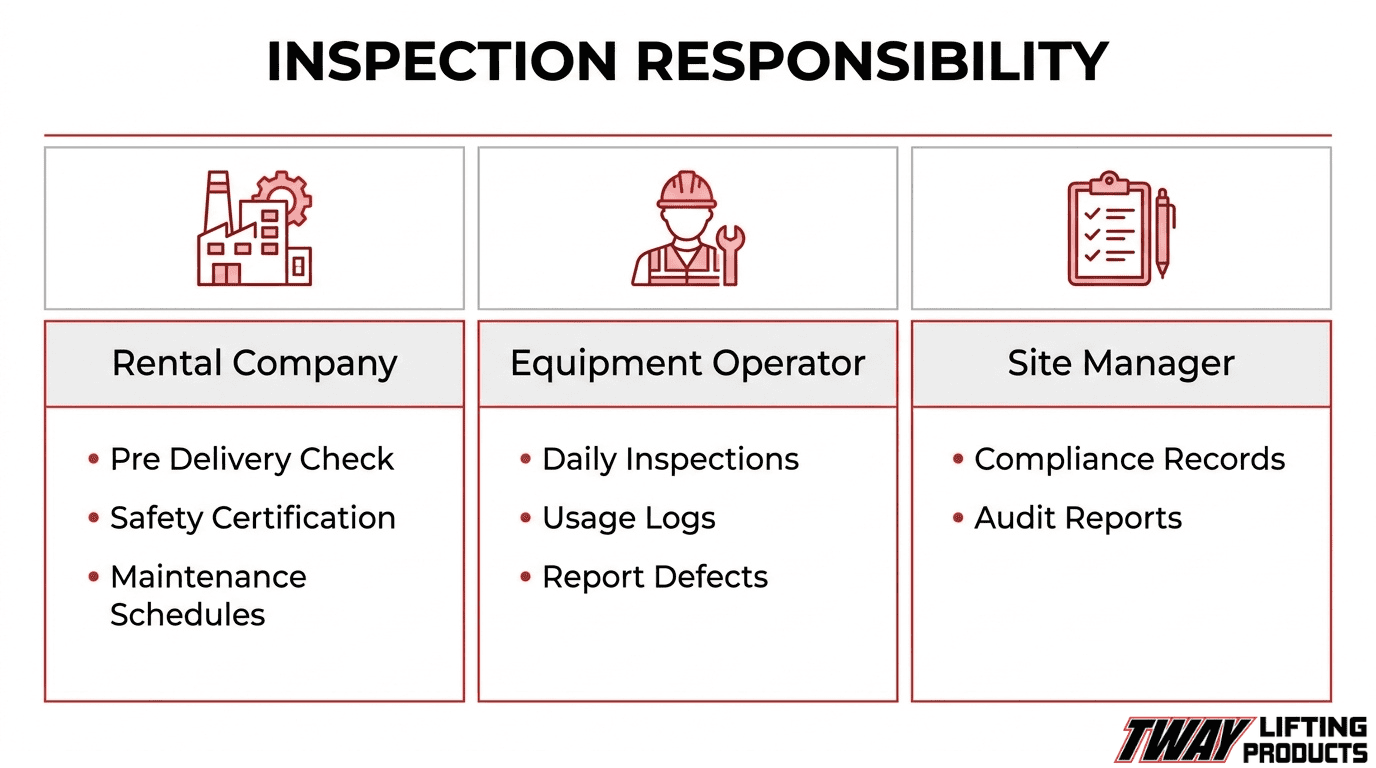 Rental lifting equipment inspection responsibilities divided among the rental company, equipment operator, and site manager.