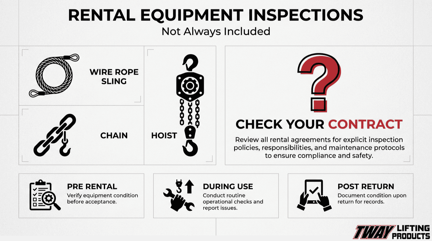 Rental lifting equipment inspection overview covering wire rope slings, chains, hoists, contract requirements, and pre-rental, in-use, and post-return checks.